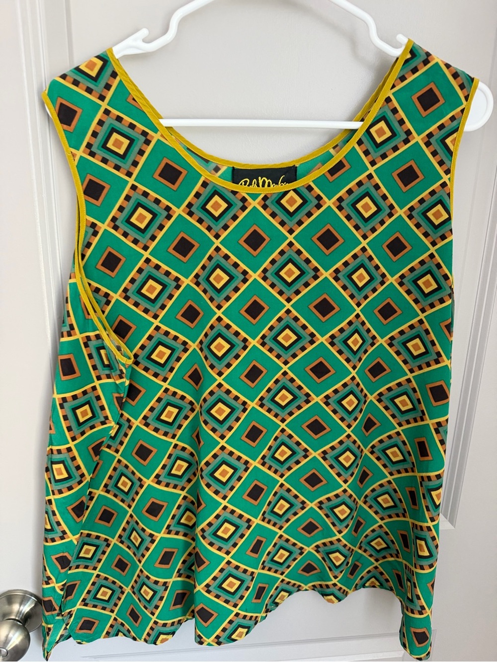Bob Mackie Women’s Green Geometric Silk Woven Scoop Neck Tank Top 1X